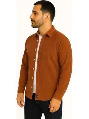 Erkek Fitilli Kadife Cepli Gömlek Oversize Rahat Kalıp - Kahverengi