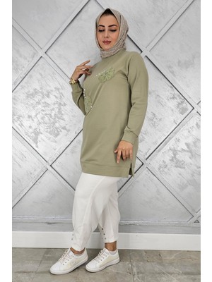 Pys Giyim Kadın Dikme Çiçek ve Taş Detaylı Tesettür Tunik