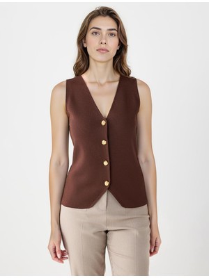 Jimmy Key Acı Kahve Dar Kesim Parlak Düğme Detaylı Triko Yelek