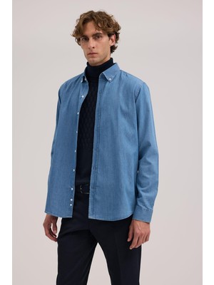 Jakamen Lacivert Comfort Fit %100 Pamuk Denim Gömlek