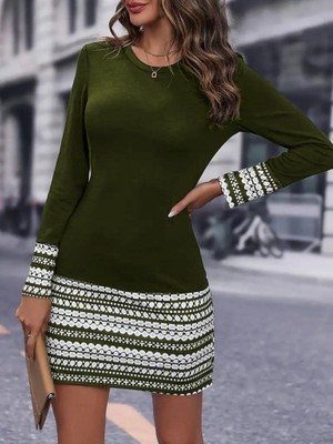 Passense Kadın Uzun Kollu Bisiklet Yaka Kol Ağzı ve Etek Ucu Baskılı Iki Iplik Elbise