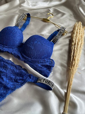 Nivene Dantelli Lastiği Taşlı Balenli Destekli Dolgulu Push Up Saks Sütyen Ve String Iç Çamaşırı Takımı