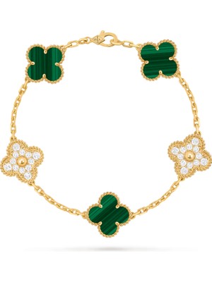 KFS Van Cleef & Arpels Vintage Alhambra Bileklik, 5 Motif 925 Ayar Sarı Gümüş, Yeşil Malakit, Zirkon Taşlı