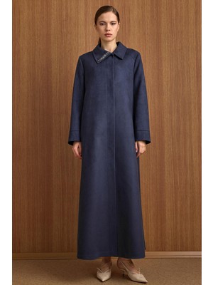 Olcay Devrik Yaka Taş Detaylı Süet Görünümlü Büyük Beden Pardesü Lacivert 6795