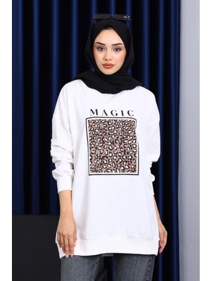 İmaj Butik Ekru Bisiklet Yaka Baskılı Sweat