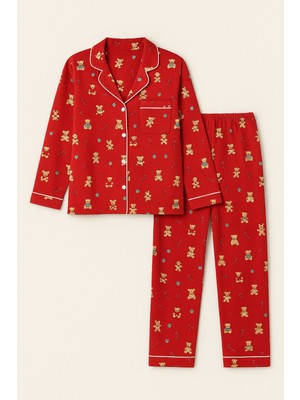 Katia & Bony Kız Çocuk Teddy Desenli Yılbaşı Temalı Pijama Takımı Kırmızı
