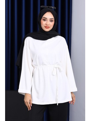 İmaj Butik Ekru Yanları Yırtmaçlı Bel İpli Tunik