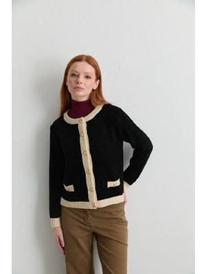 Gusto Kadife Dokulu Garnili Triko Hırka - Siyah