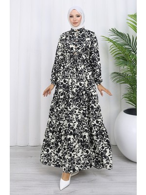 Sefa Merve Hakim Yaka Beli Bağcıklı Desenli Elbise 0190-05 Siyah