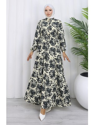 Hakim Yaka Beli Bağcıklı Desenli Elbise 0192-01 Siyah