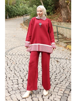 Triko Çizgi Detaylı Tunik Pantolon Ikili Takım 1066-04 Bordo