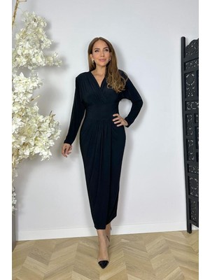 G1563 Kruvaze Yaka Drape Detaylı Elbise Siyah