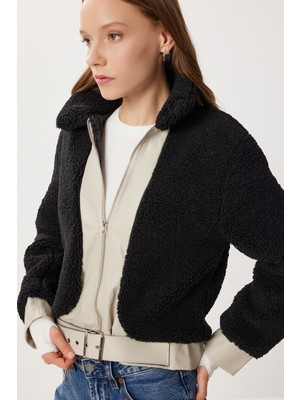 Happiness İstanbul Kontrast Renkli Kemerli Peluş Ceket LXA0003 Siyah