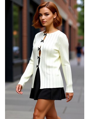 PayBuy Genç Kadın Ajurlu Detaylı Kurdele Bağcıklı Bisiklet Yaka Triko Kaliteli Şık Rahat