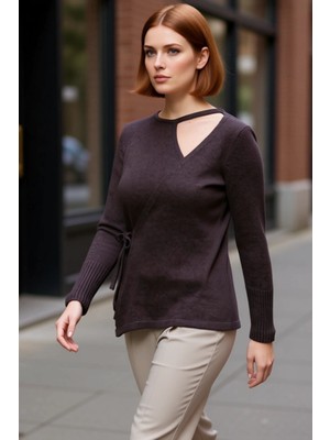 PayBuy Kadın Asimetrik Kesim Ince Triko Bluz Bağlama Detaylı Bisiklet Yaka Uzun Kollu Kaliteli