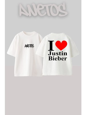 Anetos Justin Bieber 5 Tasarım Sırt Baskılı Pamuk Beyaz Oversize T-Shirt