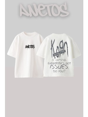 Anetos Korn 4 Tasarım Sırt Baskılı Pamuk Beyaz Oversize T-Shirt