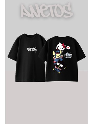 Anetos Hello City Tasarım Sırt Baskılı Pamuk Siyah Oversize T-Shirt