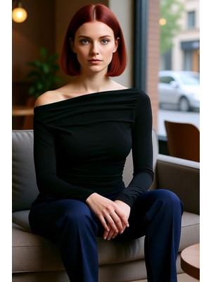 FRM Kadın Regular Asimetrik Yaka Slim Kalıp Örme Büzgü Drape Fitted Vücuda Oturan Kollu Esnek Bluz