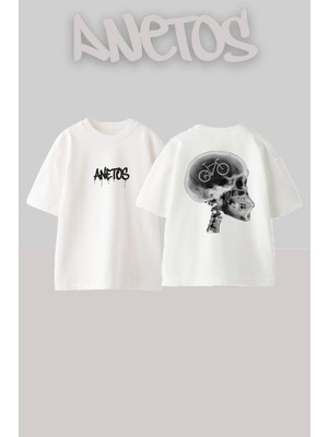 Anetos Ride 5 Tasarım Sırt Baskılı Pamuk Beyaz Oversize T-Shirt