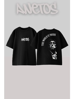 Anetos Scarface 9 Tasarım Sırt Baskılı Pamuk Siyah Oversize T-Shirt