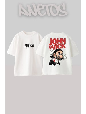 Anetos John Wick Tasarım Sırt Baskılı Pamuk Beyaz Oversize T-Shirt