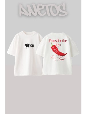 Anetos The Hot Tasarım Sırt Baskılı Pamuk Beyaz Oversize T-Shirt