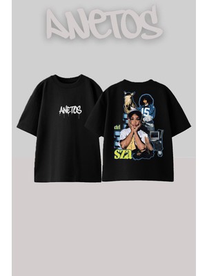 Anetos Sza 22 Tasarım Sırt Baskılı Pamuk Siyah Oversize T-Shirt