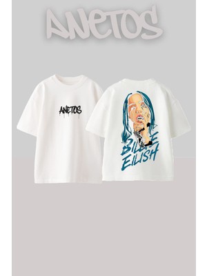 Anetos Billie Eilish 4 Tasarım Sırt Baskılı Pamuk Beyaz Oversize T-Shirt