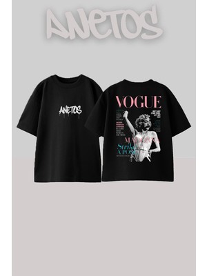 Anetos Madonna 8 Tasarım Sırt Baskılı Pamuk Siyah Oversize T-Shirt