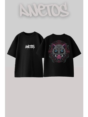 Anetos Demon Slayer 19 Tasarım Sırt Baskılı Pamuk Siyah Oversize T-Shirt