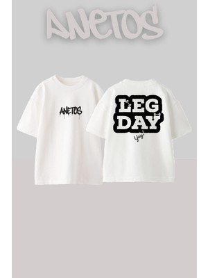 Anetos Leg Day Tasarım Sırt Baskılı Pamuk Beyaz Oversize T-Shirt