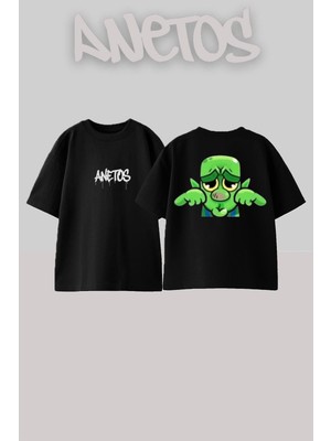 Anetos Goblin Emoji Tasarım Sırt Baskılı Pamuk Siyah Oversize T-Shirt