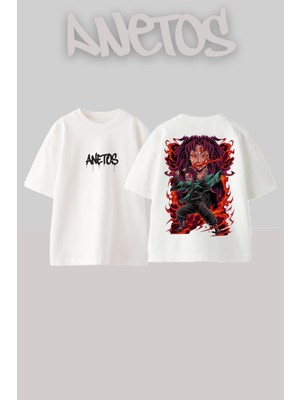 Anetos Demon Slayer 7 Tasarım Sırt Baskılı Pamuk Beyaz Oversize T-Shirt