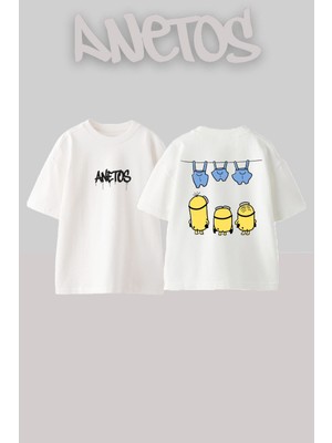 Anetos Minionslar Tasarım Sırt Baskılı Pamuk Beyaz Oversize T-Shirt
