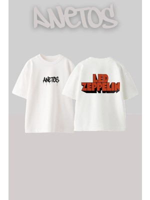Anetos LED Zeppelin 11 Tasarım Sırt Baskılı Pamuk Beyaz Oversize T-Shirt
