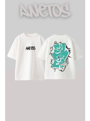 Anetos Summer 1 Tasarım Sırt Baskılı Pamuk Beyaz Oversize T-Shirt