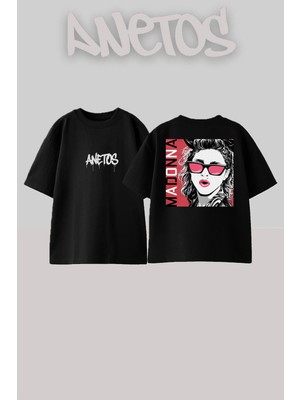 Anetos Madonna Tasarım Sırt Baskılı Pamuk Siyah Oversize T-Shirt
