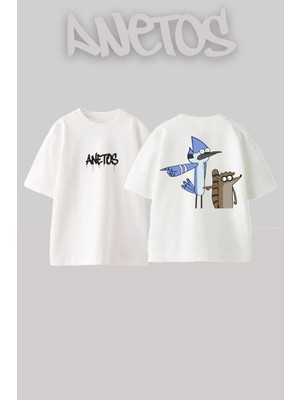 Anetos Mordekai And Rigby Tasarım Sırt Baskılı Pamuk Beyaz Oversize T-Shirt