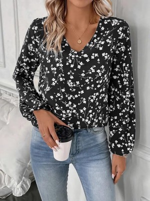 Tua Moda Kadın Uzun Kollu V Yakalı Çiçek Desenli Modal Bluz