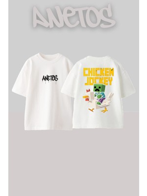Anetos Chicken Zombie Tasarım Sırt Baskılı Pamuk Beyaz Oversize T-Shirt