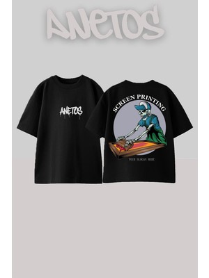 Anetos Screen Prıntıng Tasarım Sırt Baskılı Pamuk Siyah Oversize T-Shirt