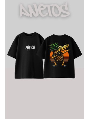 Anetos Ananas Tasarım Sırt Baskılı Pamuk Siyah Oversize T-Shirt
