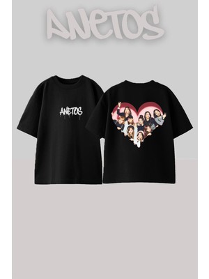 Anetos Twice Kpop 2 Tasarım Sırt Baskılı Pamuk Siyah Oversize T-Shirt