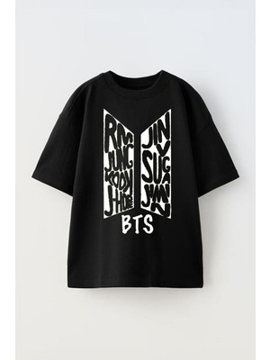 Anetos Bts 2 Baskılı Ünisex Pamuk Siyah Oversize T Shirt