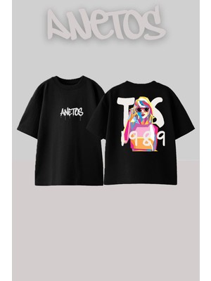Anetos Taylor Swift 18 Tasarım Sırt Baskılı Pamuk Siyah Oversize T-Shirt