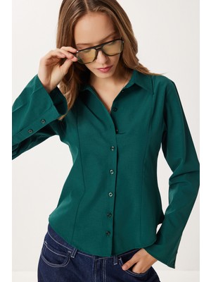 Happiness İstanbul Çan Kollu Vücuda Oturan Dokuma Gömlek LUB0300 Zümrüt Yeşili