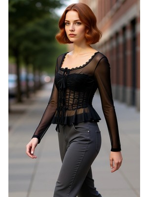 PayBuy Kadın Kare Yaka Büzgülü Transparan Tül Uzun Kollu Kaliteli Şık Rahat Modern Zarif