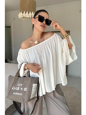 Eswomes Yaka Lastikli Yarasa Kol Oversize Bluz Ekru