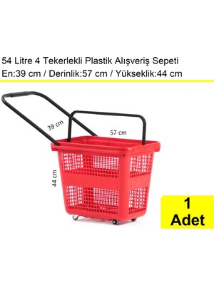 Akdenizpos Tekerlekli Plastik Market Alışveriş El Sepeti 54 Litre Kırmızı 1 Adet